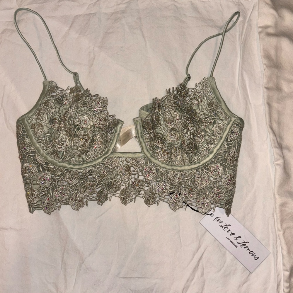 NWT Love and Lemons Bralette Green with Rhinestones